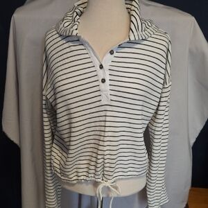 Thread & Supply Black and White Striped Hoodie With Adjustable Drawstring Waist